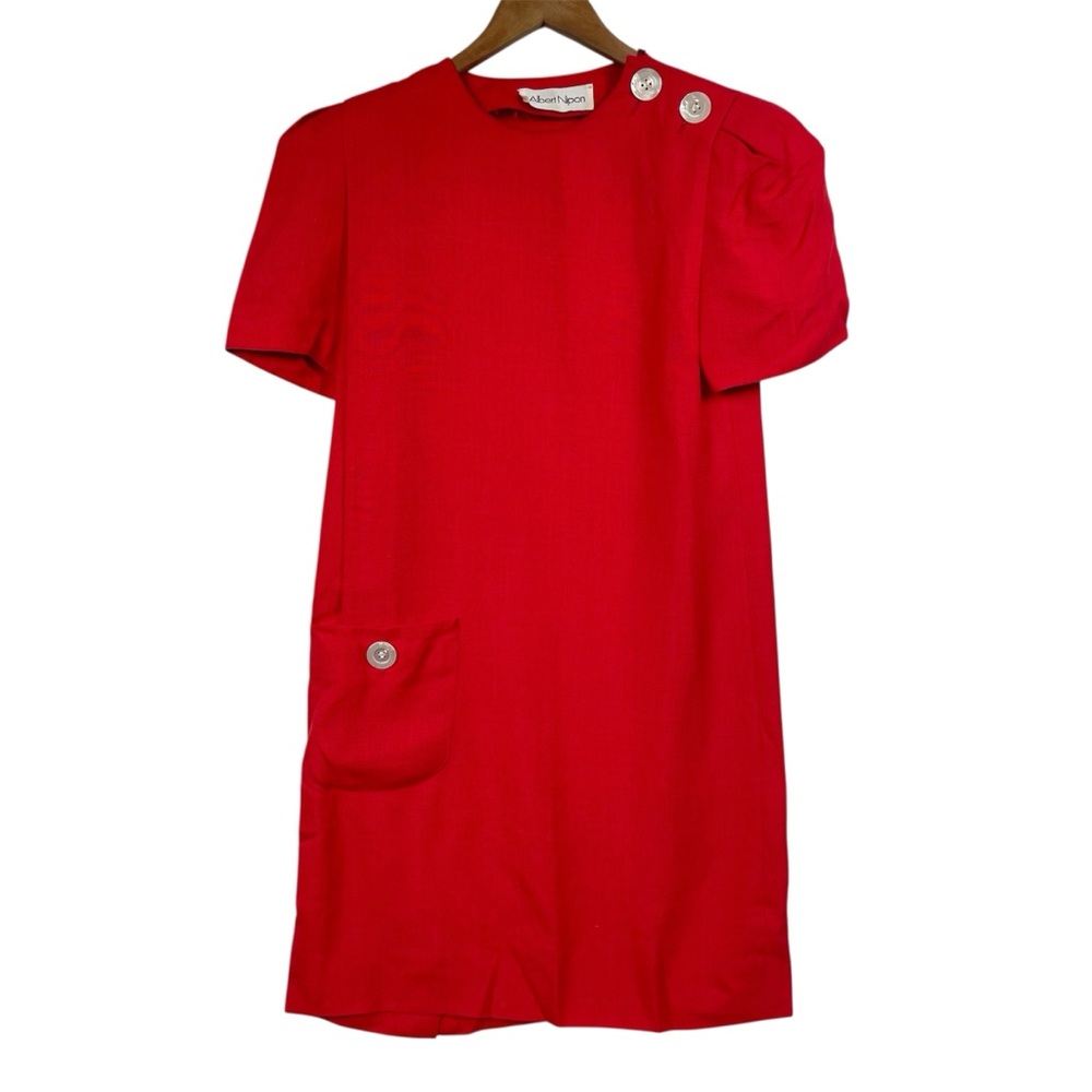 VTG Albert Nipon Dress Linen Career Red 4 Nautical 80s Minimal Americana
